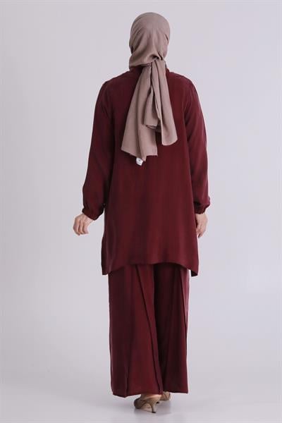 Behrem Büyük Beden Tesettür Cupro Üçlü Pantolonlu Takım Yakut OTW70021