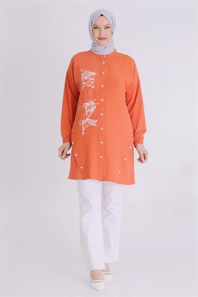 Behrem  Büyük Beden Tesettür Düğmeli Spor Tunik Oranj OTW2353