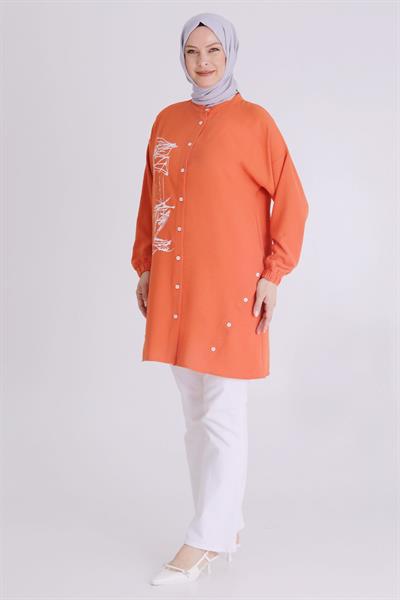 Behrem  Büyük Beden Tesettür Düğmeli Spor Tunik Oranj OTW2353