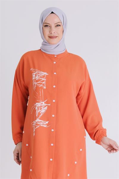 Behrem  Büyük Beden Tesettür Düğmeli Spor Tunik Oranj OTW2353
