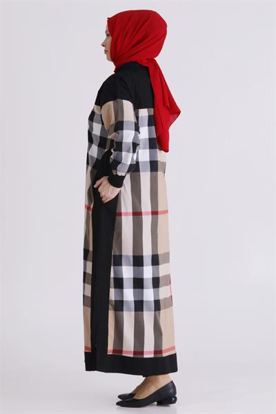 Behrem Büyük Beden Tesettür Ekoseli Düğmeli Ferace Bej OTW2826