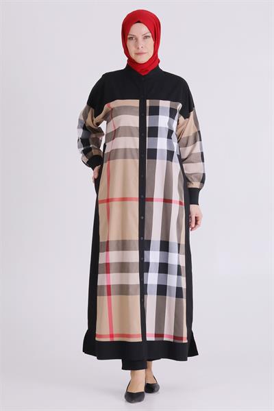 Behrem Büyük Beden Tesettür Ekoseli Düğmeli Ferace Bej OTW2826