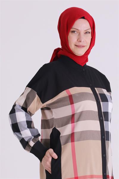 Behrem Büyük Beden Tesettür Ekoseli Düğmeli Ferace Bej OTW2826