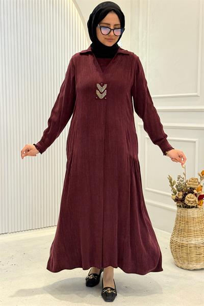 Behrem Büyük Beden Tesettür Elbise Bordo OTW75009