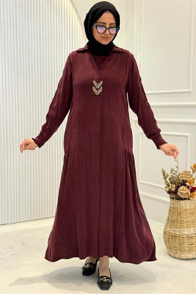 Behrem Büyük Beden Tesettür Elbise Bordo OTW75009