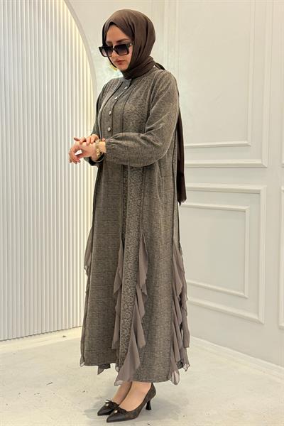 Behrem Büyük Beden Tesettür Elbise Koyu Vizon OTW75010