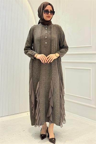 Behrem Büyük Beden Tesettür Elbise Koyu Vizon OTW75010
