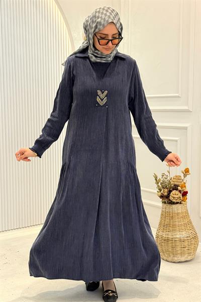 Behrem Büyük Beden Tesettür Elbise Lacivert OTW75009