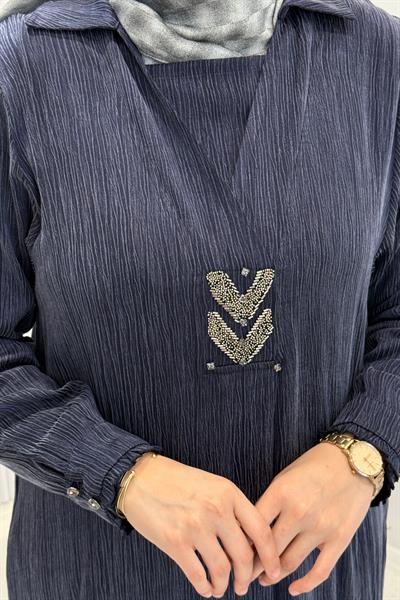 Behrem Büyük Beden Tesettür Elbise Lacivert OTW75009