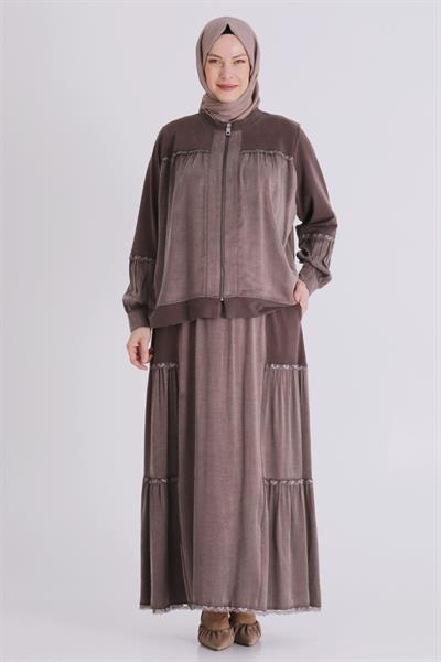 Behrem Büyük Beden Tesettür Etekli Takım Kahve OTW38002