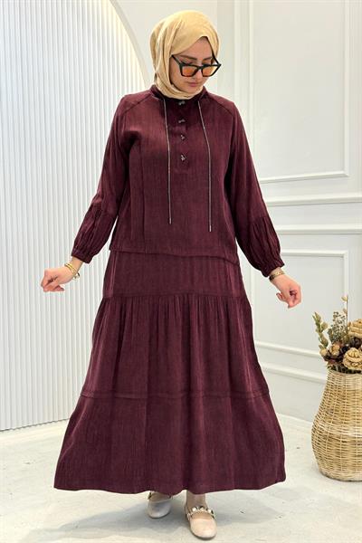 Behrem Büyük Beden Tesettür Etekli Takım Bordo OTW38003