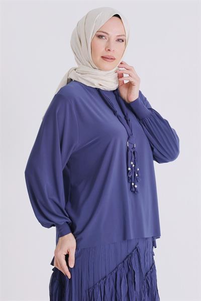 Behrem Büyük Beden Tesettür Etekli Takım Morcivert OTW3802