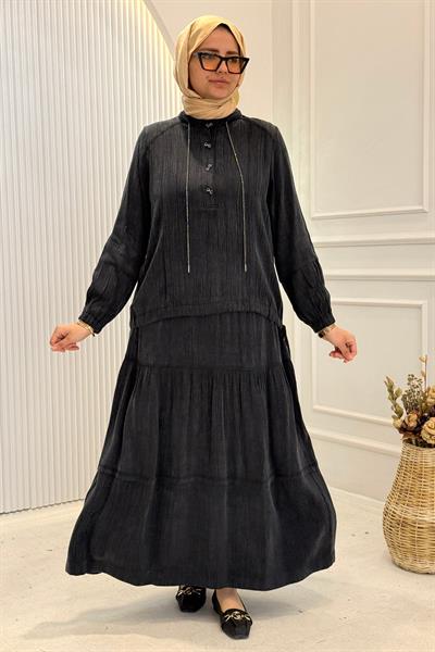 Behrem Büyük Beden Tesettür Etekli Takım Siyah OTW38003
