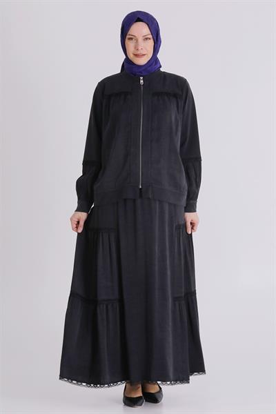 Behrem Büyük Beden Tesettür Etekli Takım Siyah OTW38002