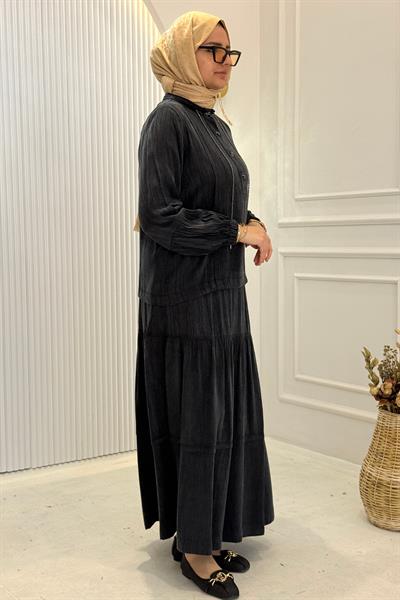Behrem Büyük Beden Tesettür Etekli Takım Siyah OTW38003