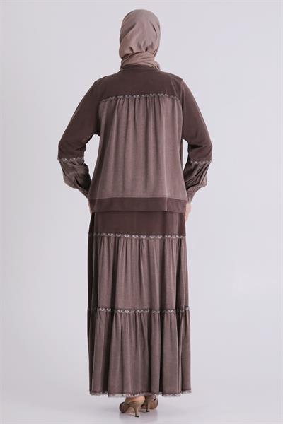 Behrem Büyük Beden Tesettür Etekli Takım Kahve OTW38002