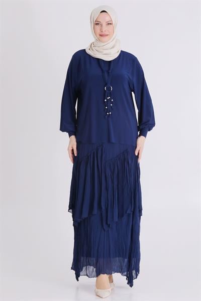Behrem Büyük Beden Tesettür Etekli Takım İndigo OTW3802