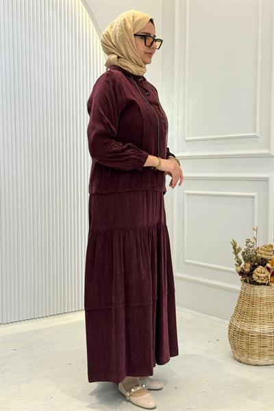 Behrem Büyük Beden Tesettür Etekli Takım Bordo OTW38003