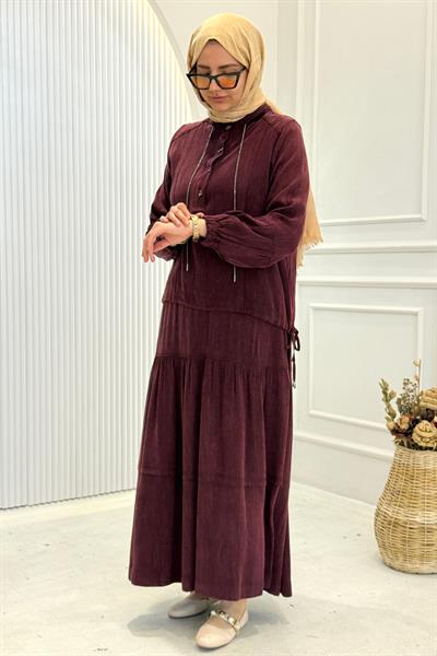 Behrem Büyük Beden Tesettür Etekli Takım Bordo OTW38003