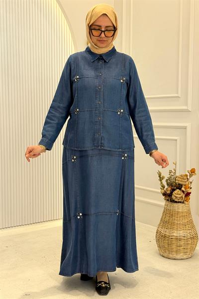 Behrem Büyük Beden Tesettür Etekli Tensel Kot Takım Koyu Mavi OTW38001