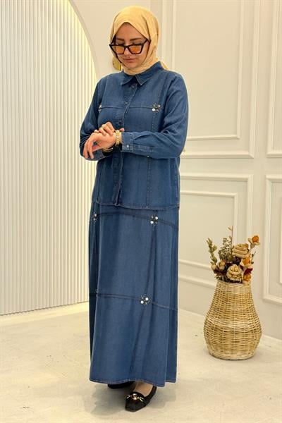 Behrem Büyük Beden Tesettür Etekli Tensel Kot Takım Koyu Mavi OTW38001