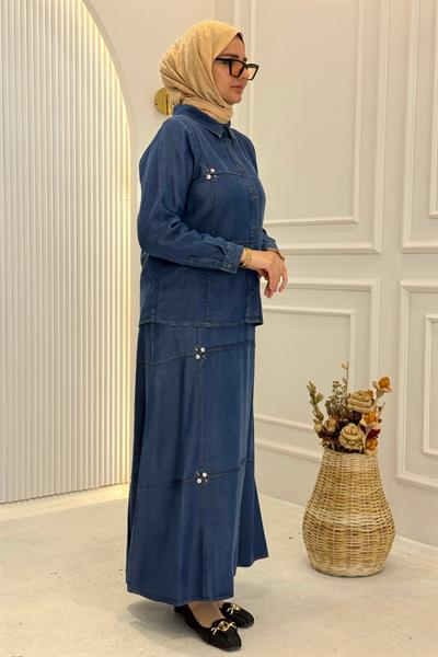 Behrem Büyük Beden Tesettür Etekli Tensel Kot Takım Koyu Mavi OTW38001