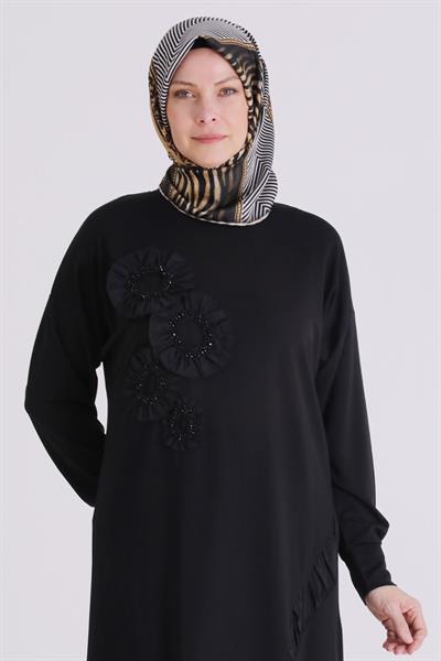 Behrem Büyük Beden Tesettür İşlemeli Tunik Siyah OTW20133