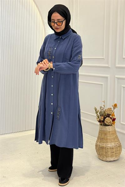 Behrem Büyük Beden Tesettür İşlemeli Tunik İndigo OTW2359