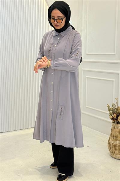 Behrem Büyük Beden Tesettür İşlemeli Tunik Gri OTW2359