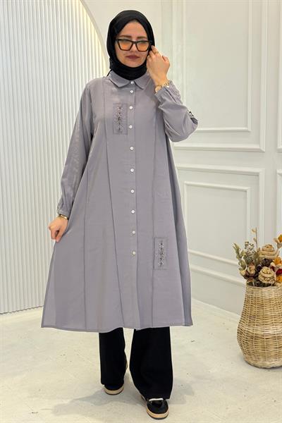 Behrem Büyük Beden Tesettür İşlemeli Tunik Gri OTW2359