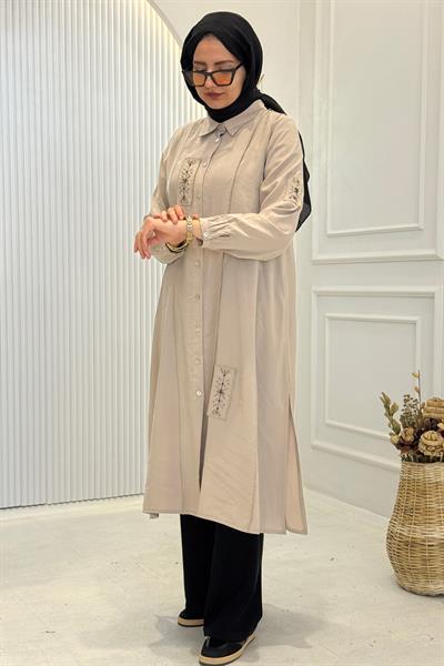 Behrem Büyük Beden Tesettür İşlemeli Tunik Taş OTW2359