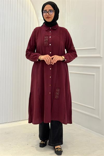 Behrem Büyük Beden Tesettür İşlemeli Tunik Bordo OTW2359