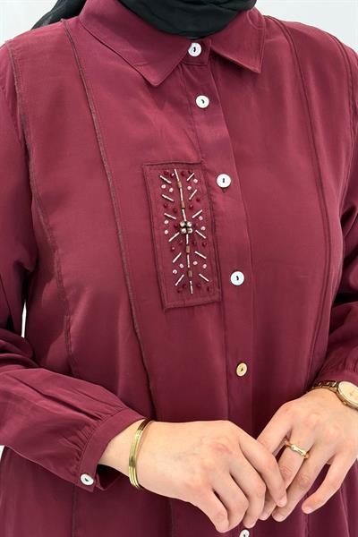 Behrem Büyük Beden Tesettür İşlemeli Tunik Bordo OTW2359