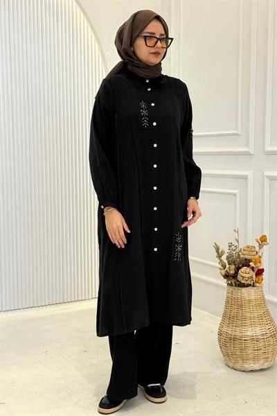 Behrem Büyük Beden Tesettür İşlemeli Tunik Siyah OTW2359