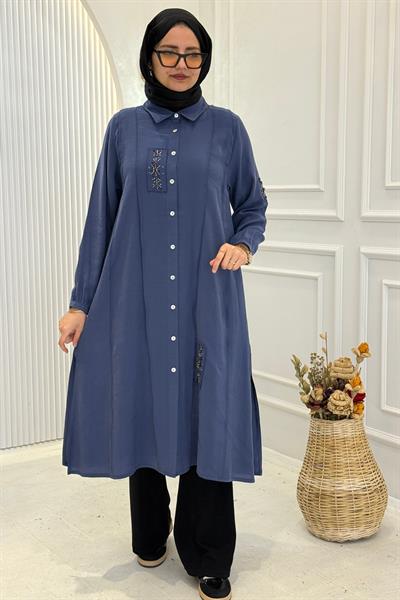 Behrem Büyük Beden Tesettür İşlemeli Tunik İndigo OTW2359
