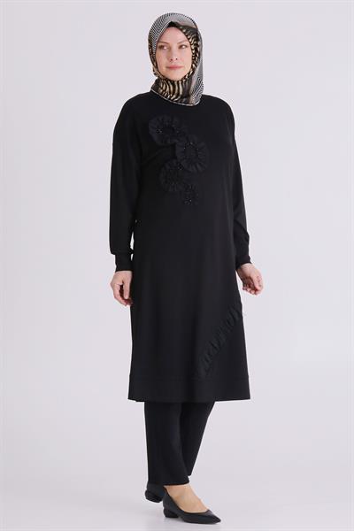 Behrem Büyük Beden Tesettür İşlemeli Tunik Siyah OTW20133
