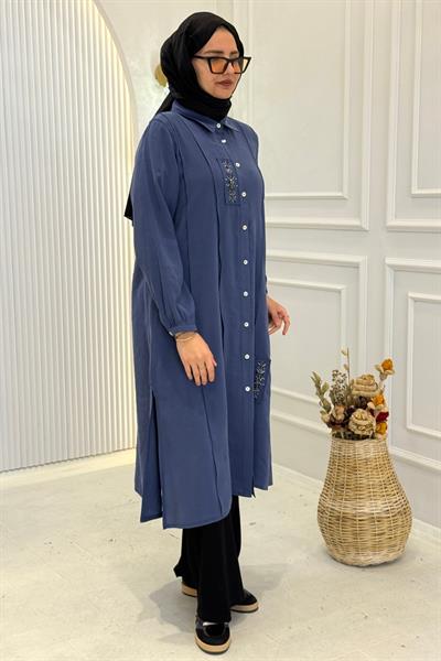 Behrem Büyük Beden Tesettür İşlemeli Tunik İndigo OTW2359