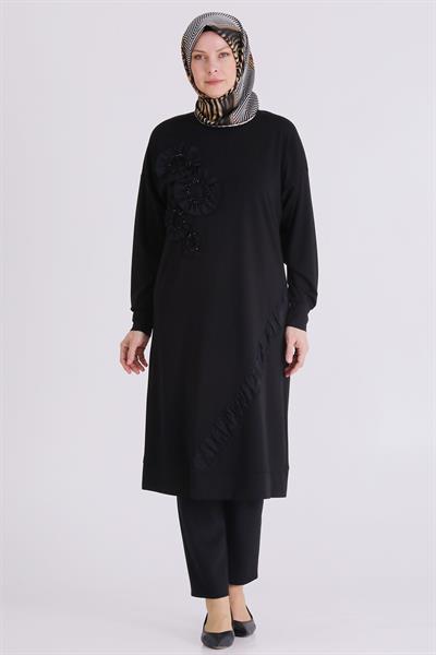 Behrem Büyük Beden Tesettür İşlemeli Tunik Siyah OTW20133
