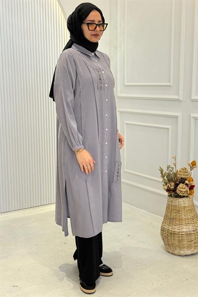 Behrem Büyük Beden Tesettür İşlemeli Tunik Gri OTW2359