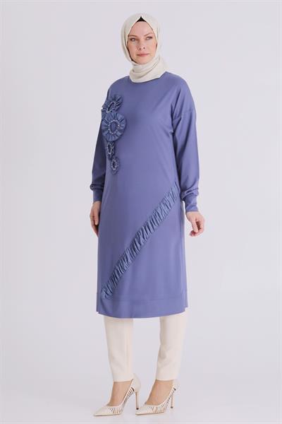 Behrem Büyük Beden Tesettür İşlemeli Tunik Morcivert OTW20133