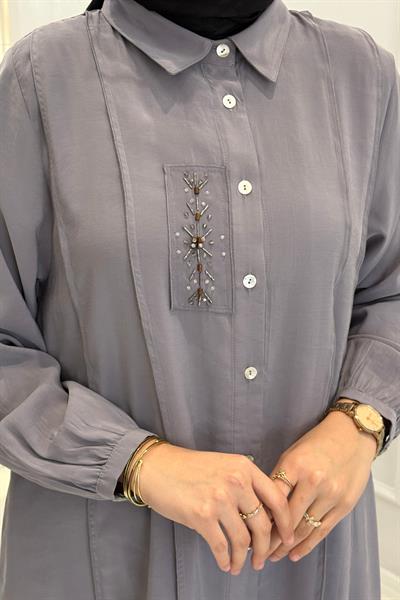 Behrem Büyük Beden Tesettür İşlemeli Tunik Gri OTW2359