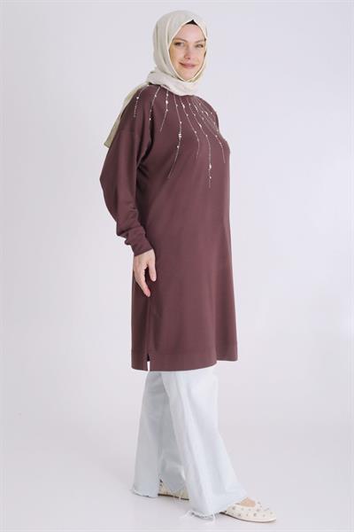 Behrem Büyük Beden Tesettür Örme Taşlı Tunik Kahve OTW20122