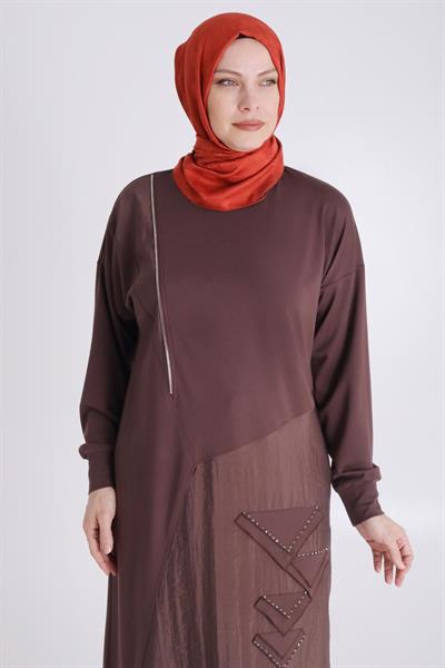 Behrem Büyük Beden Tesettür Örme Tunik Kahve OTW20123