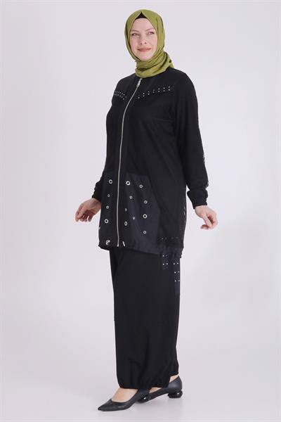 Behrem Büyük Beden Tesettür Pantolonlu Takım Siyah OTW70017