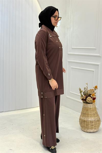 Behrem Büyük Beden Tesettür Pantolonlu Takım Kahve OTW35143