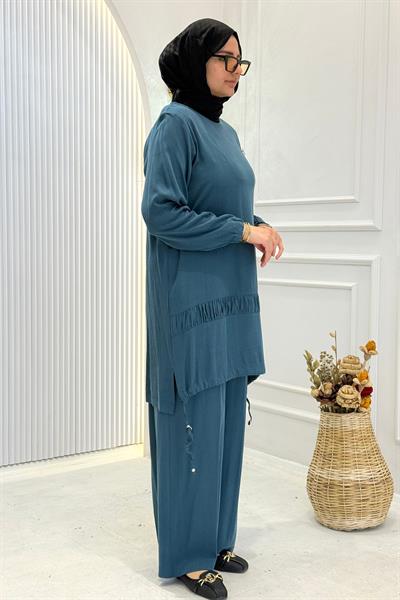 Behrem Büyük Beden Tesettür Pantolonlu Takım Petrol OTW3556