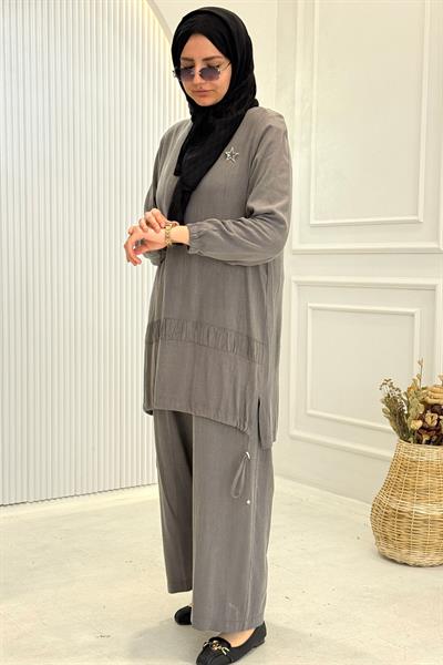 Behrem Büyük Beden Tesettür Pantolonlu Takım Duman Gri OTW3556