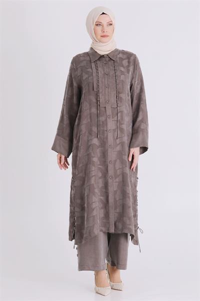 Behrem Büyük Beden Tesettür Pantolonlu Takım Koyu Vizon OTW35147