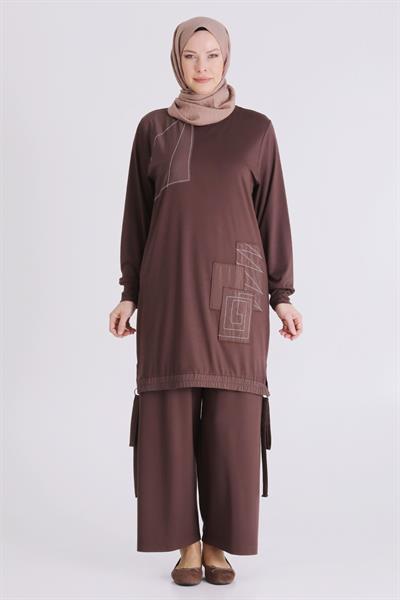 Behrem Büyük Beden Tesettür Pantolonlu Takım Kahve OTW3557
