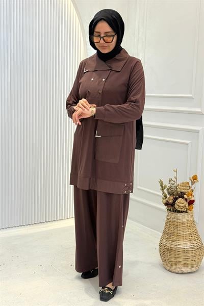 Behrem Büyük Beden Tesettür Pantolonlu Takım Kahve OTW35143